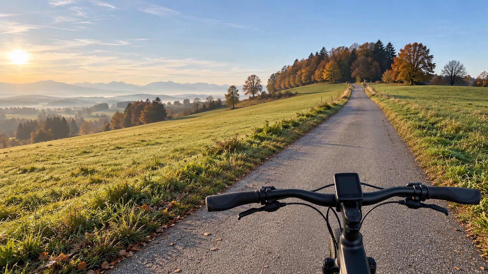 Blick über den Lenker eines E-Bikes mit ausgeschaltetem Display auf ein schmales Sträßchen, das zwischen Herbstwiesen sanft zu einem bewaldeten Hügel ansteigt, Morgenlicht von links