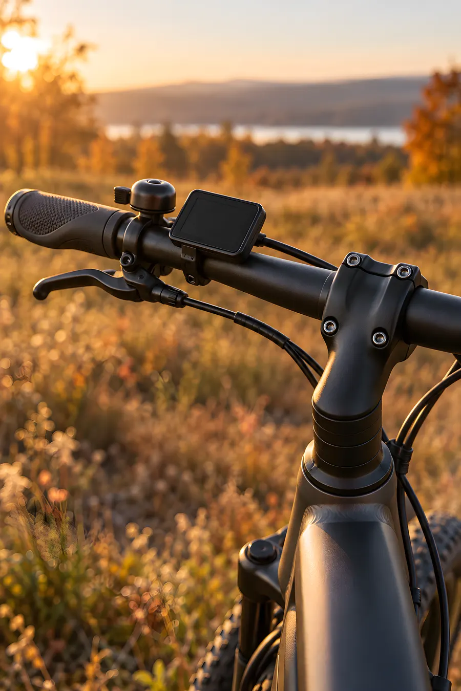 Cockpit eines Trekking-E-Bikes: Vorbau mit vier Klemmschrauben, schwarzer Lenker mit Griff, Bremshebel, Klingel und kleinem ausgeschaltetem Display auf einer Halterung, dahinter unscharf eine Herbstwiese