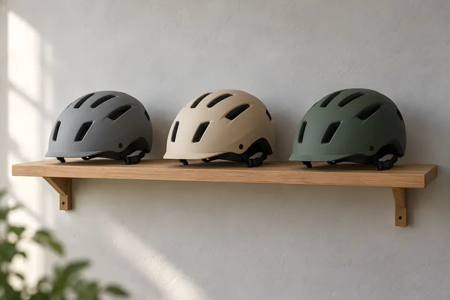 Drei schlichte Fahrradhelme in Grau, Sand und Dunkelgrün auf einem Eichenbrett vor heller Wand